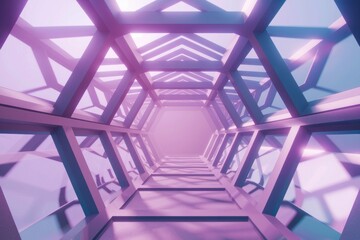 Fototapete - A futuristic  geometric tunnel with a hexagonal structure and a bright  pink and blue gradient.