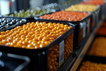 Close-up of Yellow Round Beads in Plastic Containers on a Shelf