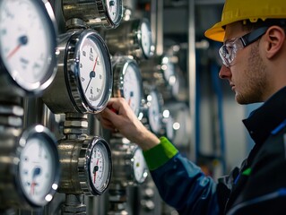 Worker checking pressure gauges in an industrial boiler room, safety equipment