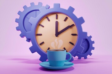 Leinwandbilder - A blue coffee cup with steam sits in front of a clock and gears  symbolizing time and caffeine.
