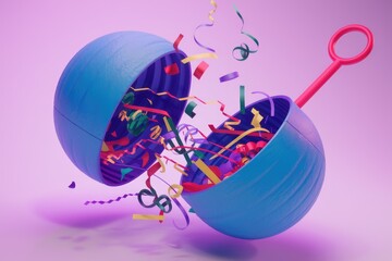 Poster - A blue sphere cracked open  revealing colorful confetti and streamers.