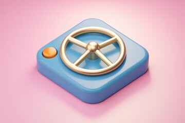 Poster - A 3D rendered icon of a blue square with a gold steering wheel and an orange button.