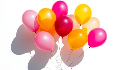 Wall Mural - a cluster of bright pink, yellow, and orange balloons floating together in mid-air, casting faint sh