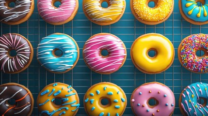 Colorful Donuts Arranged on a Wire Rack