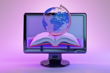 Aufkleber - A globe sits on an open book atop a computer monitor  symbolizing global knowledge and education.