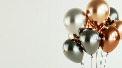 A cluster of metallic balloons including gold, silver, and rose gold, floating in mid-air with light reflecting off their shiny surfaces, set against a plain white background