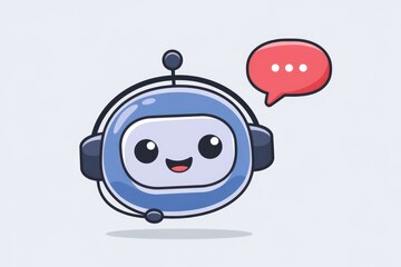 Leinwandbilder - A cute blue robot with a headset is smiling and has a speech bubble with three dots.