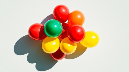 Wall Mural - a cluster of vibrant red, yellow, and green balloons floating together, casting soft shadows on a cl