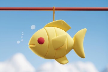 Poster - A 3D rendered yellow fish with red eyes hangs from a string against a blue sky.