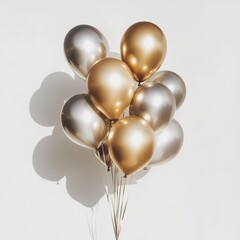 Wall Mural - a group of metallic gold and silver balloons floating together in mid-air, casting soft shadows on a
