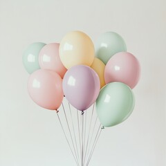 Wall Mural - A group of pastel balloons including pink, lavender, and mint green, floating together against a soft white background, creating a whimsical and joyful scene