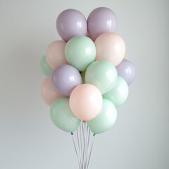 Wall Mural - a pastel-colored balloon bouquet, featuring soft pink, mint green, and lavender balloons, floating g