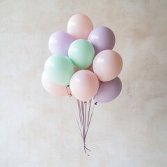 Wall Mural - a pastel-colored balloon bouquet, featuring soft pink, mint green, and lavender balloons, floating g