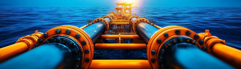 Close-up of drilling pipes and platform equipment, organized and clean layout, vast blue sea in the background, bright sunlight illuminating metallic details