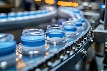 Blue Cream Jars Moving on a Conveyor Belt in a Factory Setting