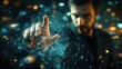 © Johannes - Uomo d'affari che tocca con la mano un grafico a linee ascendenti su uno schermo virtuale, concetto di crescita del business