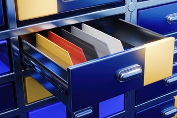 Leinwandbilder - A blue filing cabinet with a drawer open  revealing colorful folders.