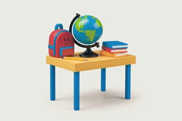 Fototapete - A desk with a globe  books  a backpack  and a pencil  representing education.