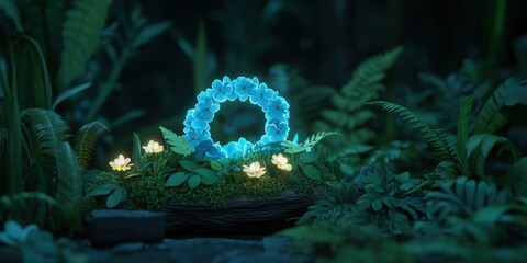 Poster - Glowing Floral Wreath in Lush Forest Night   Nature  Magic  Fantasy  Artwork