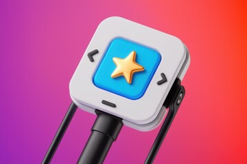 Poster - A 3D render of a white button with a blue square and a gold star  with arrows and a black handle