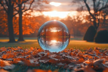 Wall Mural - A Crystal Ball Reflecting Autumn Trees and Sunset in a Park