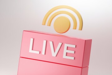 Poster - A pink block with the word LIVE and a yellow signal icon on top.