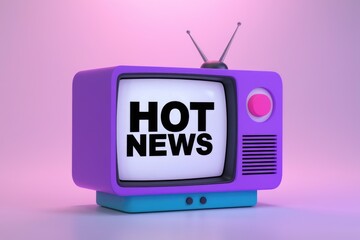 Poster - A vintage purple television displaying the words HOT NEWS on the screen.