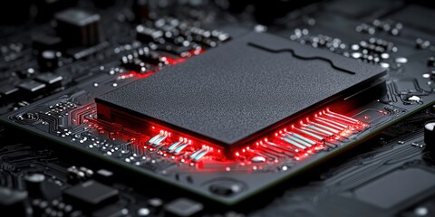 Wall Mural - Close up of a Computer Chip with Glowing Red Lines on Circuit Board