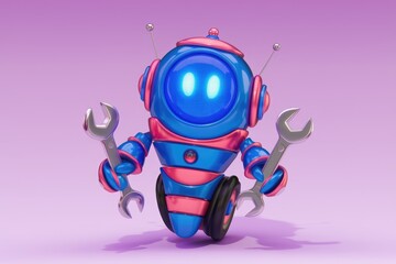 Poster - A cute  blue and pink robot holding two wrenches  ready to fix anything.