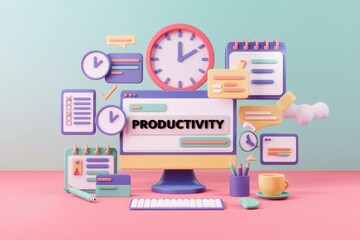 Leinwandbilder - Illustration of monitor with Productivity and time management symbols.