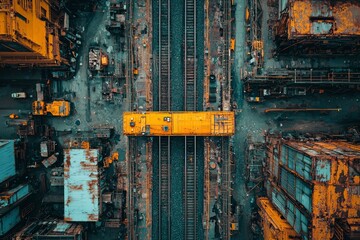 Aerial View of an Industrial Complex with Train Tracks and Rusty Buildings