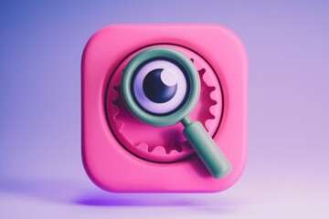 Fototapete - A 3D icon of a magnifying glass with an eye inside  symbolizing search and discovery.