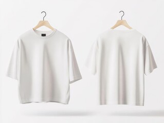 Wall Mural - Front and back view of blank oversized shirt on hangers, white background, clean and simple, Blank oversized shirt mockup, Apparel design template