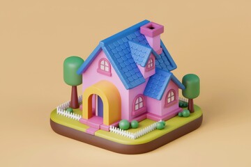 Poster - A cute  cartoon style pink house with a blue roof  a chimney  and a fence.