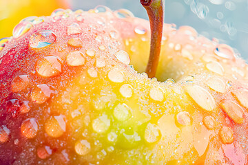 Close up of a red, green and yellow apple with droplets of water on it. The apple is the main focus of the image, and the water droplets add a sense of freshness and vitality to the scene