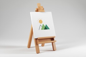 Poster - A small wooden easel displaying a canvas with a simple sun and mountain drawing.