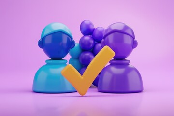 Poster - Two 3D cartoon people with a checkmark  symbolizing agreement or approval.