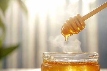 A jar of honey with a honey dipper dripping honey, illuminated by sunlight.