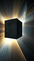 Wall Mural - Mysterious black cube radiating beams of light in a dark environment