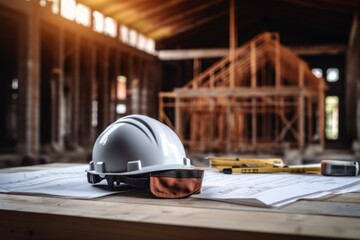 Construction helmet on a blueprint in a house construction site