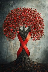 A powerful illustration of a tree with red heart-shaped leaves, entwined with a red ribbon representing AIDS awareness, symbolizing love, resilience, and hope amid adversity