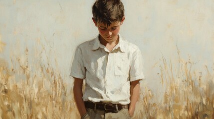 Wall Mural - A Young Boy Standing in a Field of Tall Grass