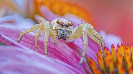 Wall Mural - A Jumping Spider on a Pink Flower with a Blurred Background