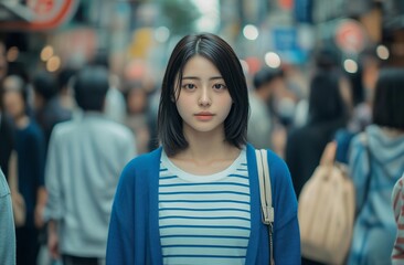 A young woman stands confidently amidst a busy street crowd.