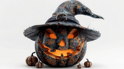 Isolated witch hat on pumpkin with scary face on white background