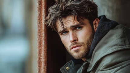 close-up portrait of a young man with a beard and blue eyes, wearing a green jacket.