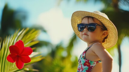 young child in sunglasses and straw hat enjoying tropical vacation