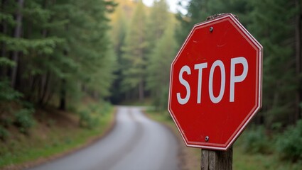 Vibrant red stop sign with reflective STOP text at forest trail entrance