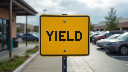 Vibrant yellow yield sign with bold YIELD text at a shopping center entrance