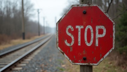 Vintage STOP sign at railroad crossing